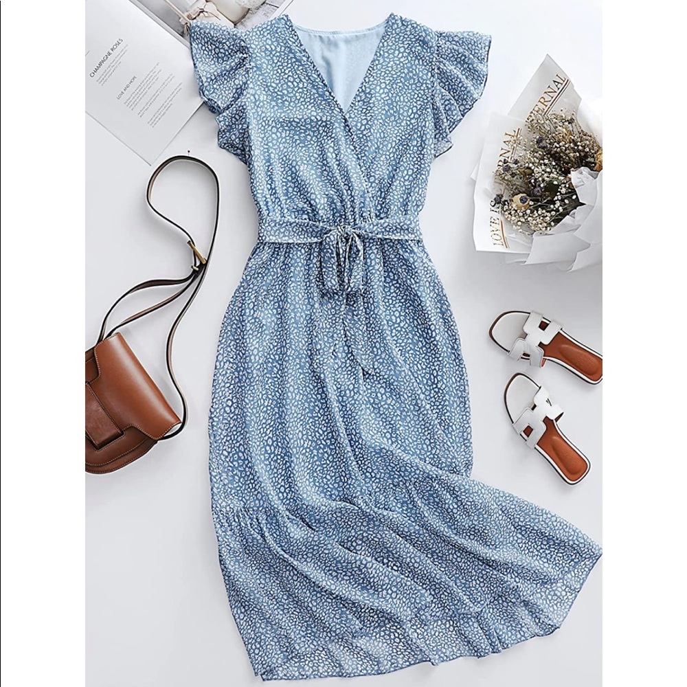 Blue Floral Printed Midi Dress
